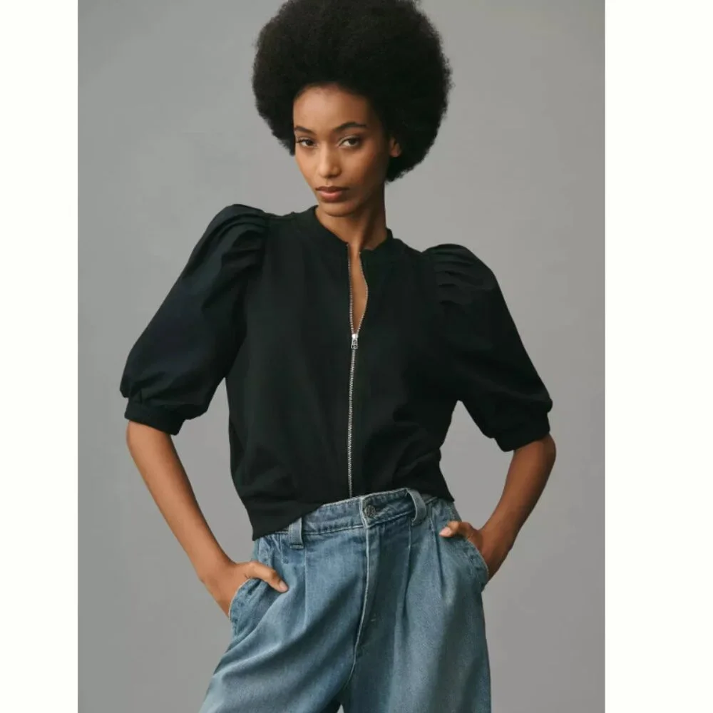 Anthropologie Maeve Women Black Short Puff Sleeve Jacket XL fits like L - Picture 1 of 10